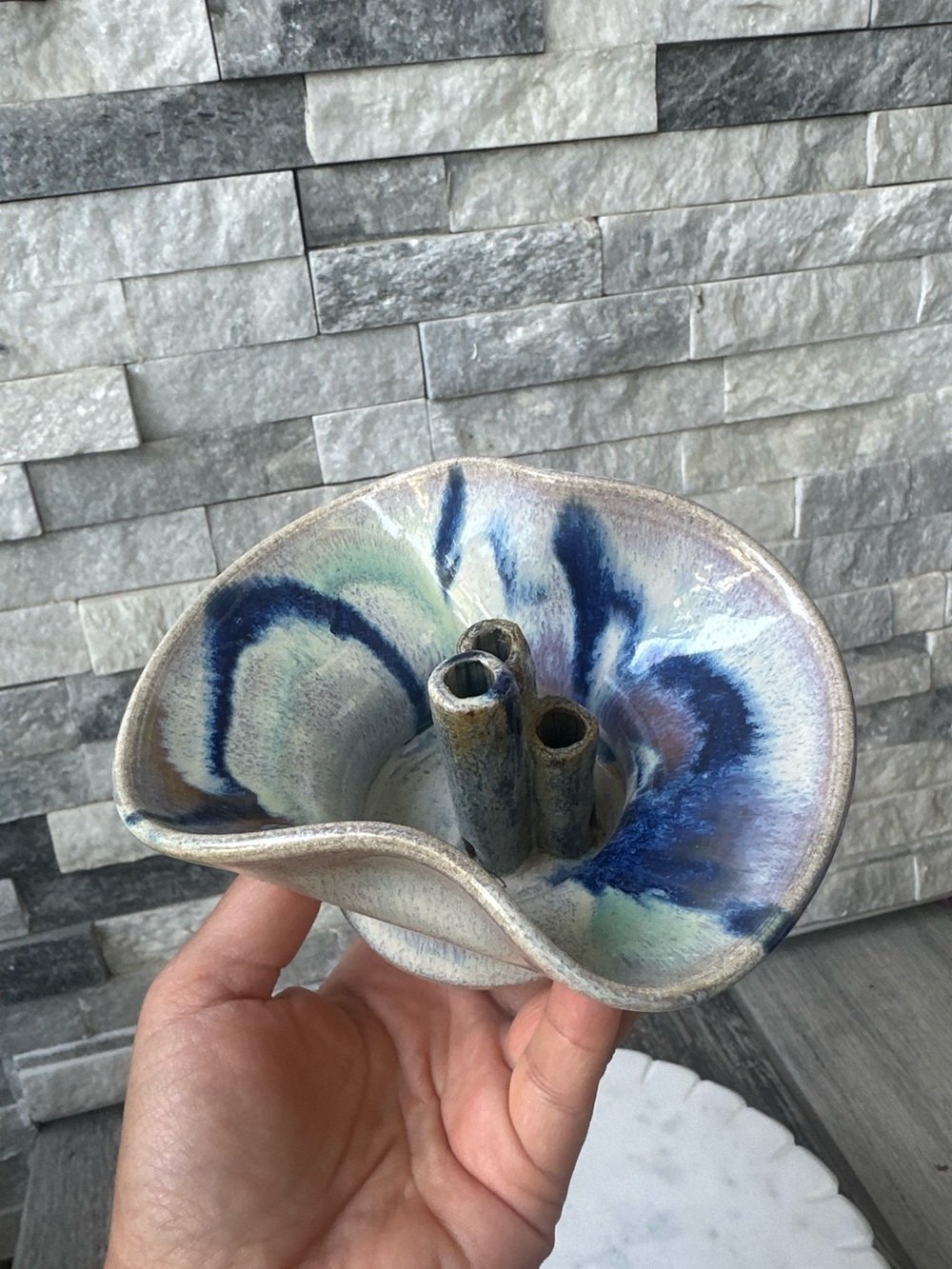 Studio Art Pottery Glazed Stoneware Ikebana 3 Tube  Flower  Vase